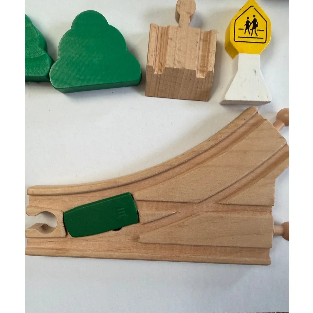 Assortment of Wooden Train  Accessories Track Signs Trees Green Brown